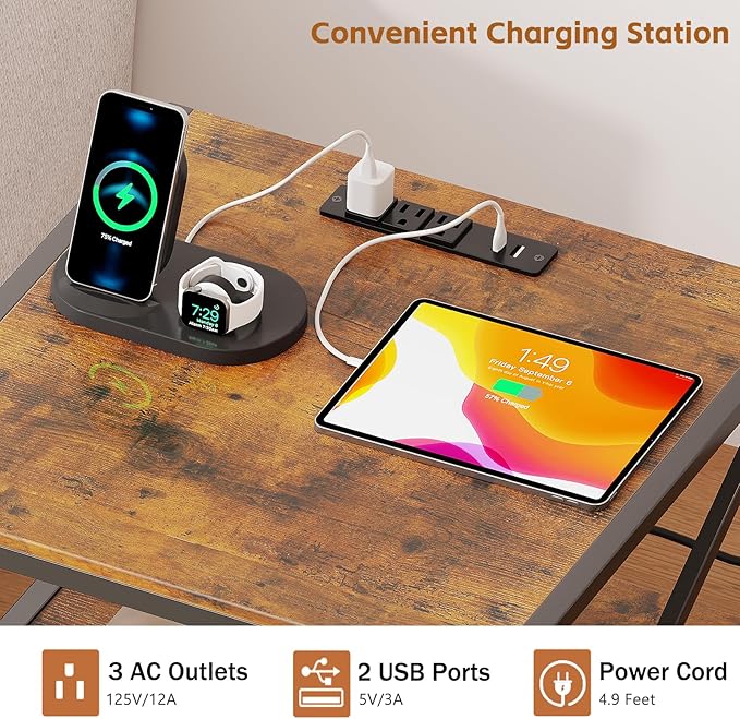 2-Tier Large Priner Stand with Charging Station, 20" Under Desk Printer Table with Power Outlets and USB Ports for Home Office, Heavy Duty Storage Rack for Scanner Fax Machine Heat Press, Rustic Brown