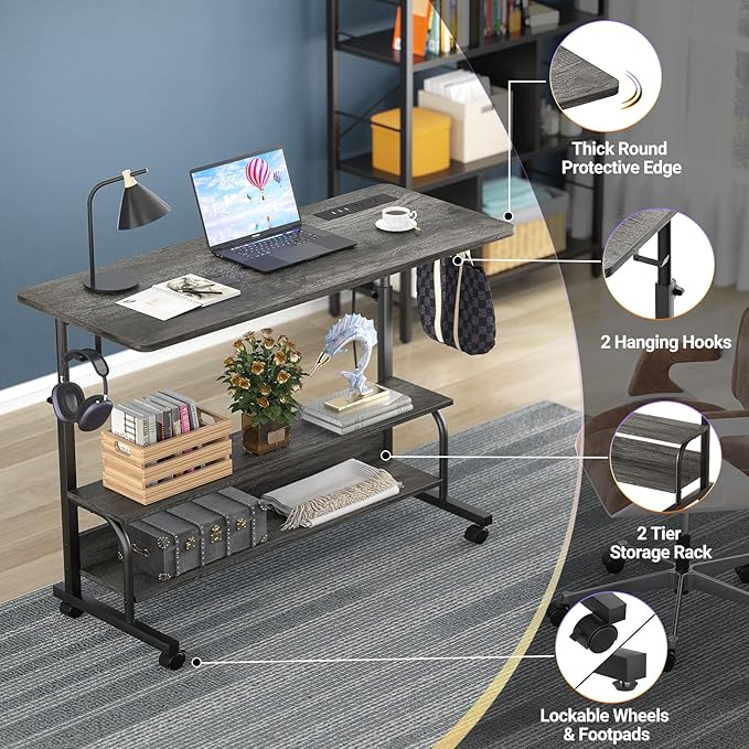 Armocity Rolling Standing Desk with Power Outlets, 39" Manual Height Adjustable Mobile Computer Desk with Wheels, Small Portable Sit Stand Laptop Couch Table for Bed & Sofa Home Office, Grey Oak