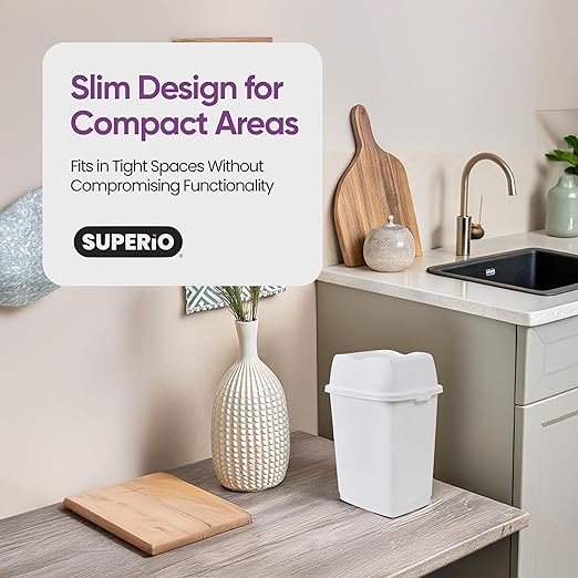 Garbage Can with Swing Top-Split Lid | Small Trash Can with Lid | Durable Plastic | Slim & Sturdy Trash Bin | Fingerprint Resistant | 1.25 Gallon / 5 qt / 5 L – White | Superio Brand
