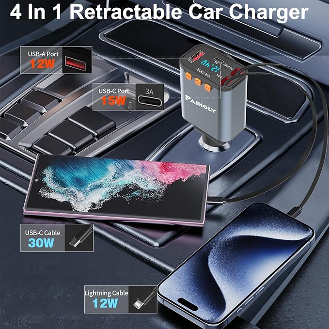 Bluetooth 5.3 Car Adapter, FM Transmitter Bluetooth Car Charger, 4 in 1 Retractable Car Charger, Phone USB C PD Fast Charging Adapter for RV SUV Truck, Fit iPhone 17/16/15/14 (Type C & Lightning)