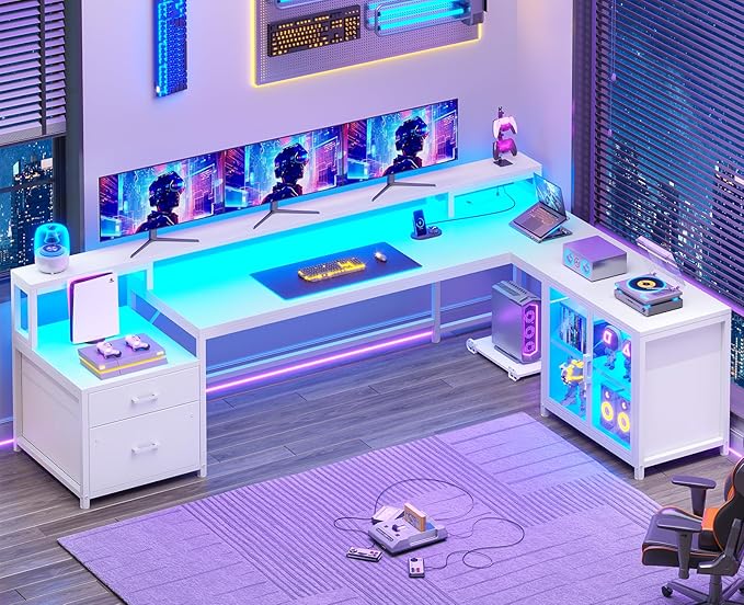 SEDETA 78.7” Large Gaming Computer Desk with Storage Drawers, Reversible L Shaped Office Desk with Display Cabinet and Power Outlet, Corner Gaming Desk with LED Lights for Home Office, White