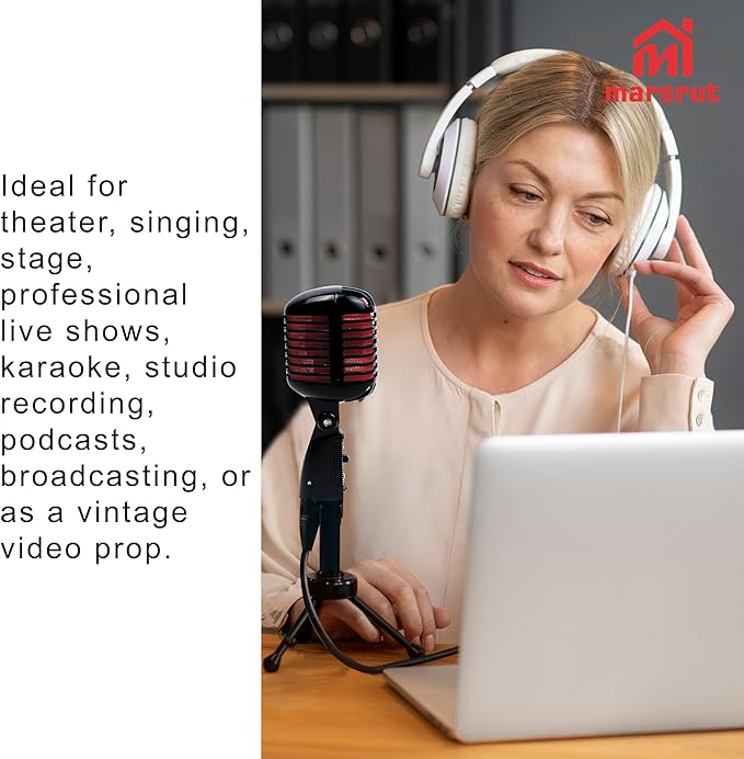 Marsrut Vintage Microphone, Retro Classic Old School Dynamic Vocal Mic, Unidirectional Cardioid Style Compatible with XLR Cable for Universal Stand, for Studio Recording & Live Performance
