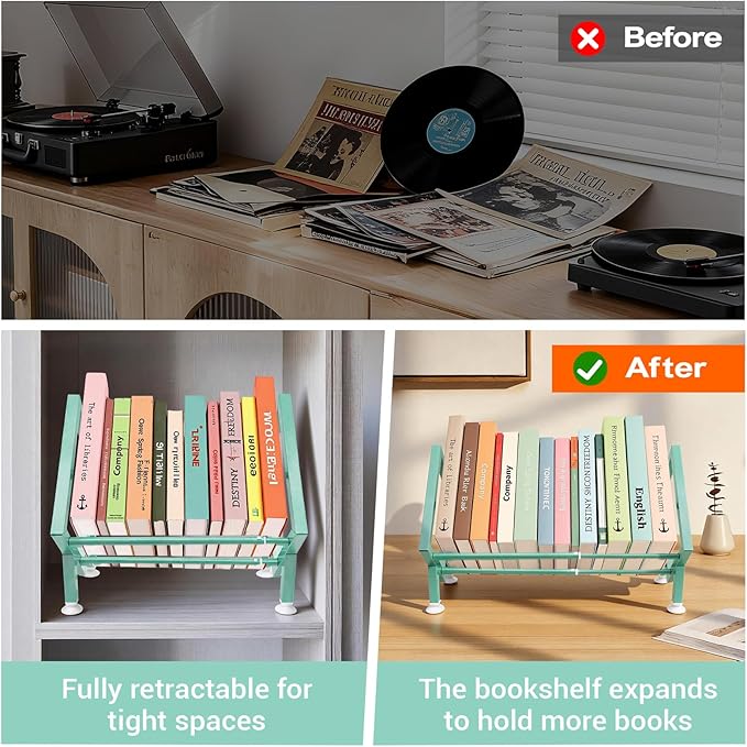 Expandable Desktop Bookshelf Organizer, Small Tabletop Book Storage Rack, Portable Green Bookshelf for Books/CDs/Magazine Display, Mini Bookcase for Top of Desk in Living Room, Office, Home Decor