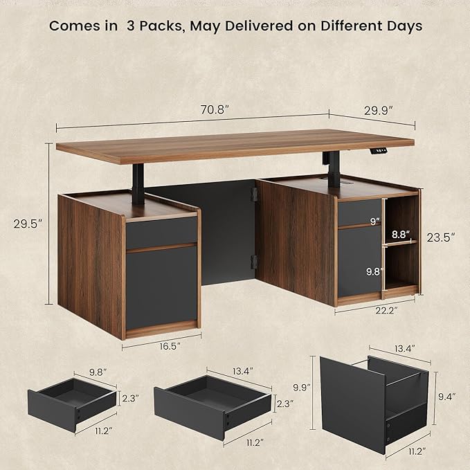 ModernMate Furniture Set, 70.8'' Executive Standing Desk with 71'' Tall Bookcase, AC/USB, File Cabinet, Double-Sided Narrow Display Shelves, Home Office Wood Storage Furniture, Black Walnut