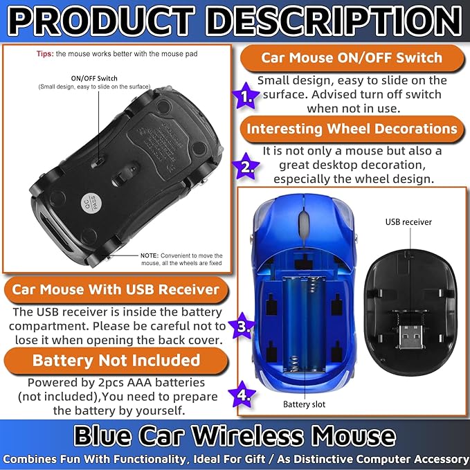 HuGuWdy Blue Cute Wireless Mouse，2.4G with USB Reciver 1600DPI Car Mouse for Computer Laptop Tablet for Windows for Mac OS for Christmas（Blue）