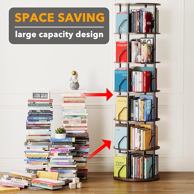 SpaceAid 6 Tier Rotating Bookshelf Tower, 360 Display Stackable Spinning Bookcase, Space Saving Revolving Round Book Shelf, Floor Standing Swivel Corner Organizer, Brown Wood