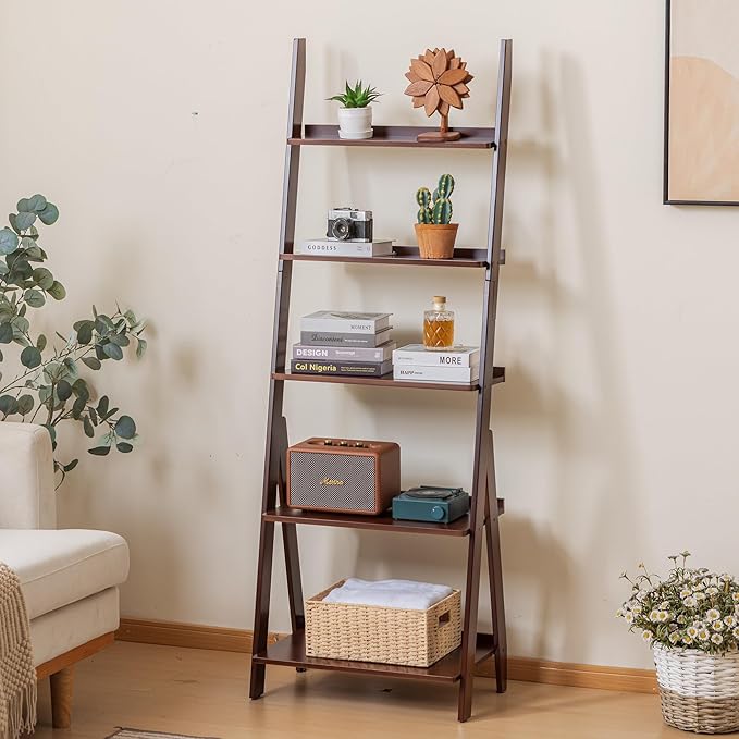 Maydear Bamboo Ladder Shelf Bookcase, 5-Tier Leaning Bookshelf Free Standing Organizer Storage Shelves for Living Room, Bedroom, Kitchen, Home Office, Balcony, Walnut