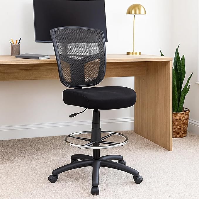 Benzara MEA Drafting Stool Chair, Adjustable Height, Black Mesh, Chrome Footring