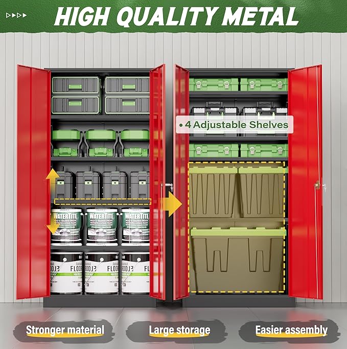 Greenvelly Metal Storage Cabinet, 72" Steel Garage Cabinet with Doors and Adjustable Shelves, Metal Cabinet with Lock,Tall Metal Office Storage Cabinet for Garage,Home Office,School (Black Red)