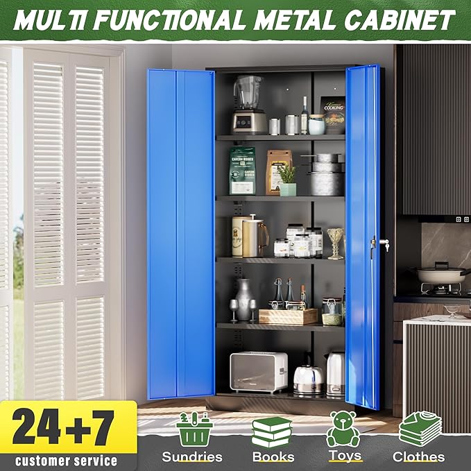 Greenvelly Metal Storage Cabinet, 72" Steel Garage Cabinet with Doors and Adjustable Shelves, Metal Cabinet with Lock,Tall Metal Office Storage Cabinet for Garage,Home Office,School (Black Blue)