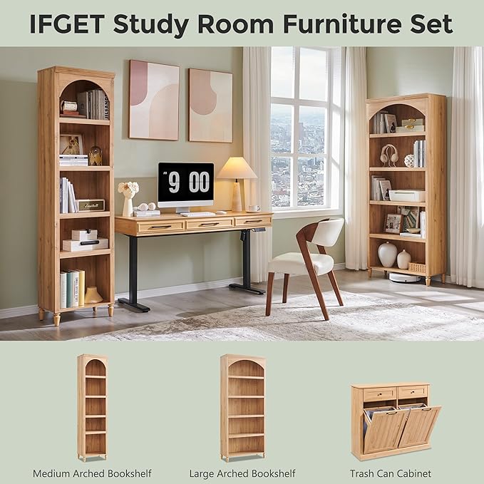 IFGET 76" Tall Arched Bookcase, Farmhouse 5 Tiers Large Arched Bookshelf Cabinet with Adjustable Shelves, Modern Wooden Book Shelf w/Storage and Open Display Shelves for Living Room, Office-Natural