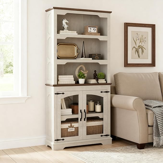 70 Inches Farmhouse Bookcase Bookshelf, Two-Tone Shelves, 5 Tier Bookshelf with Glass Door Storage Arched Trim, Home Office Living Room Storage Cabinet Unit (Distressed White & Walnut, Glass Doors)
