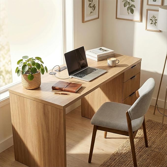FURSUN 58" Home Office Desk with Power Outlet & File Cabinet, Modern Fluted Executive Desk with 3 Storage Drawers, Large Computer Workstation for Study & Bedroom, Oak