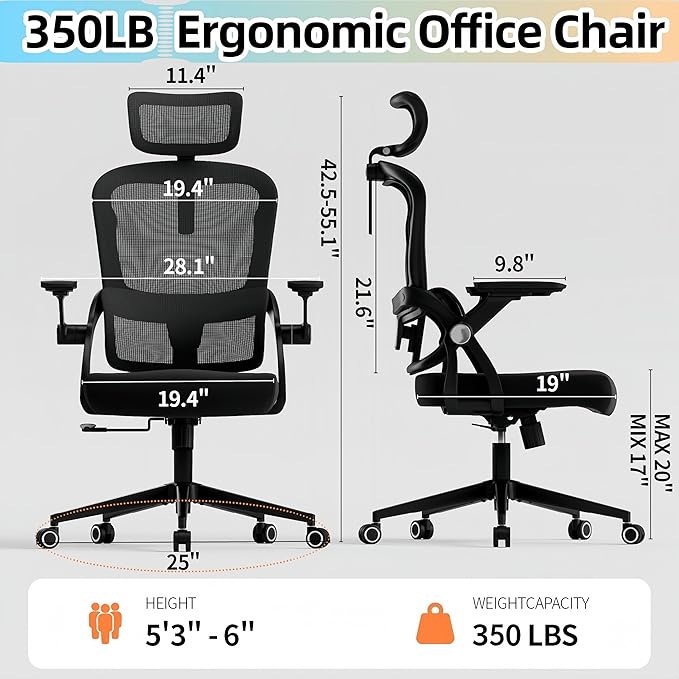 Ergonomic Office Chair - 350LB Comfy Desk Chairs with Adjustable Headrest and Lumbar Back Support, Mesh Computer Chairs with Wheels and Arms for Home Office, Study