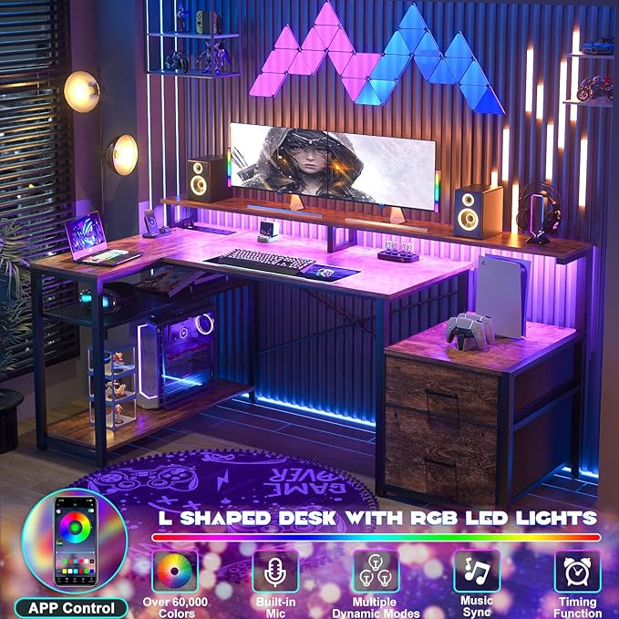 Aheaplus L Shaped Desk with File Drawer, Reversible L Shaped Computer Desk Gaming Desk with Power Outlet & LED Strip, Home Office Desk Corner Desk with Monitor Shelf, Storage Shelves, Rustic Brown