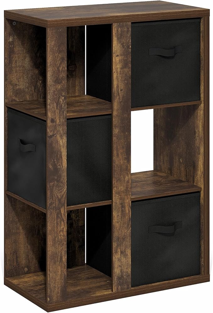 Furinno Viola Book Shelf, 3-Tier Bookshelf, Cube Storage Organizer Bookcase with Open Shelf, with Storage Bins, 13.6 x 29.3 x 43.8, for Living Room, Bedroom, Home Office, Amber Pine/Black
