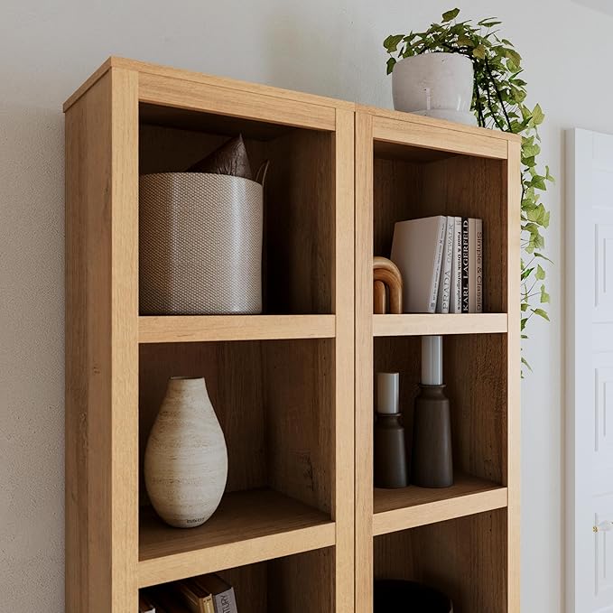 Prepac Moda 80" Tall 5-Tier Narrow Bookcase in Natural Oak, Modern Storage Accent Bookshelf with 3 Adjustable Shelves for Home, Office, Living Room, Bedroom