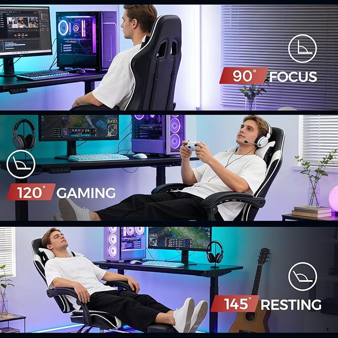 Gaming Chair,Computer Office Chair with Footrest,Massage Lumbar Support and Gel Pad,Ergonomic Reclining Adjustable Leather Gamer Chair with Headrest and Spring Cushion Black White