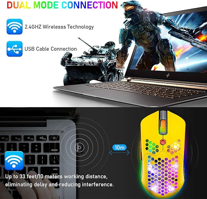 Wireless Gaming Mouse,16 RGB Backlit Ultralight Wireless/Wired Mice with Programmable Driver,Rechargeable 800mA Battery,Pixart 3325 12000 DPI,Lightweight Honeycomb Shell for PC Gamers (Yellow)