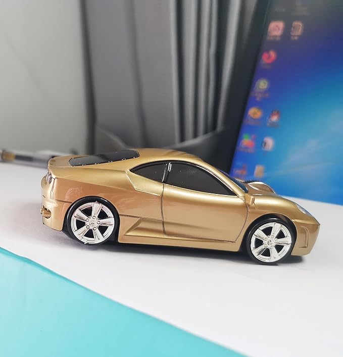 Wireless Car Mouse for Computer, 2.4G USB Receiver, 1600DPI Adjustable, Cool Sport Car Design, Plug & Play, Compatible with Laptop PC Mac Windows Linux, for Boys & Men (Gold)