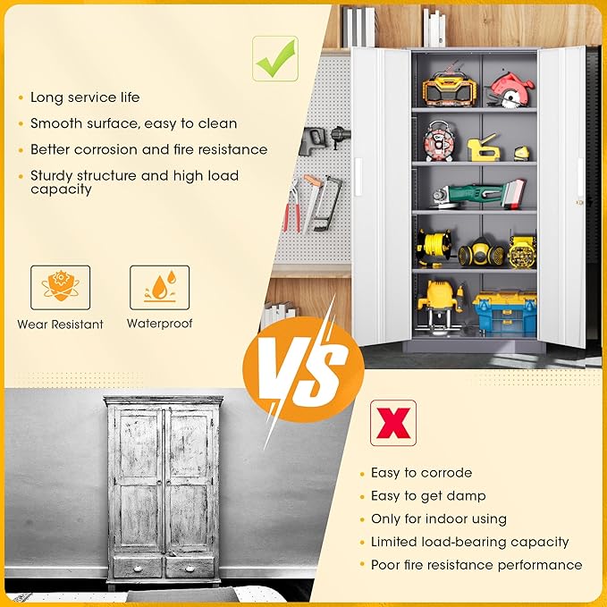 Greenvelly Metal Storage Cabinet,72” Metal Cabinet Storage with Doors and 4 Adjustable Shelves,Tall Storage Cabinet for Home,School,Gym(Grey White)
