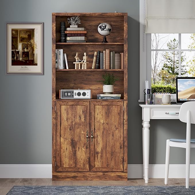 BORNOON 70.1" Tall Bookshelf with Cabinet, 5-Tier Floor Standing Bookcase with Doors & Adjustable Shelves, 31.5" Wide Storage Shelf, Metal Handles, Modern Organizer for Home Office, Living Room