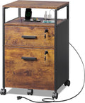 DEVAISE 2 Drawer File Cabinet with Lock, Charging Station & Adjustable Shelf, Rustic Wood Filing Cabinet, Mobile Printer Stand for A4/Letter Size Home Office, Brown
