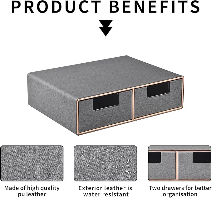 Pu Leather Stackable Desk Drawer Organizer,2-Drawers Desk Caddy for Office Bathroom Bedside Table Dressing Table,Grey