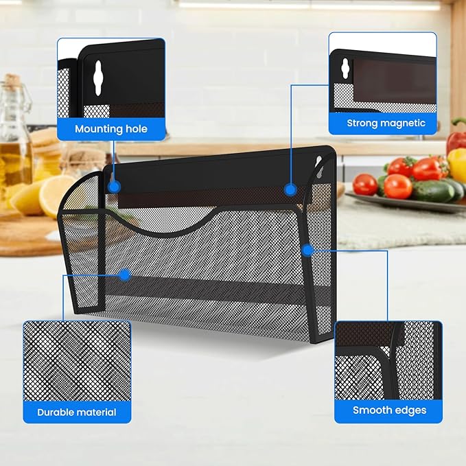 Magnetic File Holder 3PCS Wall File Folder Organizer, No Drilling Hanging Magazine Rack for Refrigerator, Document Paper Mail Folder Holders Office File Magnetic Organizer (Black)