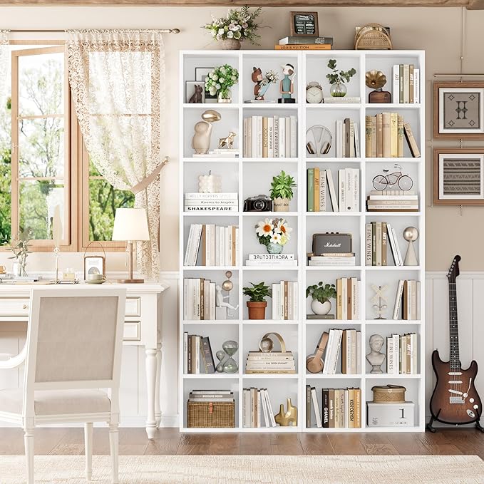 FOTOSOK 71'' Tall Bookshelf with 14 Cubes, 7 Tier Double Wide White Bookshelf with 6 Adjustable Shelves, 19.6" Narrow Bookcase DVD/CD Media Storage, Space Saving Display Shelf Cabinet, White