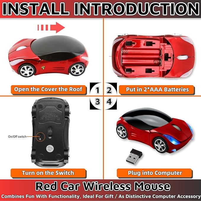 HuGuWdy Cute Mouse Wireless Red，2.4G with USB Reciver 1600DPI Car Mouse for Computer Wireless USB for Laptop Computer Tablet for Windows for Mac OS for Her for Christmas（Red）