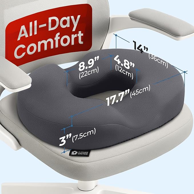 5 STARS UNITED Donut Pillow Hemorrhoid Tailbone Cushion – Large Cushion for Pain Relief – Coccyx, Prostate, Sciatica, Pelvic Floor, Pressure Sores, Pregnancy, Postpartum Recovery, Dark Gray