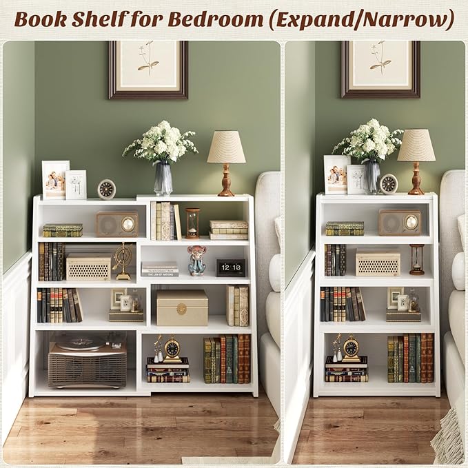 Armocity Expandable Bookshelf, Short Corner Bookshelf for Small Spaces, Small Ladder Book Shelf, Extendable Wood Narrow Bookcase for Living Room, Bedroom, 5 Tier, White