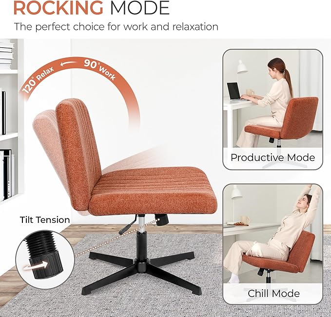 Orange Factory Criss Cross Chair No Wheel Wide Cross Legged Office Desk Vanity Chair Comfy Fabric Armless Adjustable Swivel for Home Computer Task (Brown No Wheel, Classic Fabric)