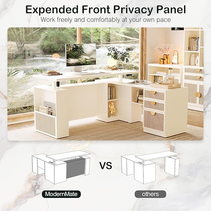 ModernMate Home Office Furniture Sets, 63" L Shaped Standing Desk with Drawers, Height Adjustable Electric Executive Office Desk with 73" Bookshelf and Power Outlet, White Rattan