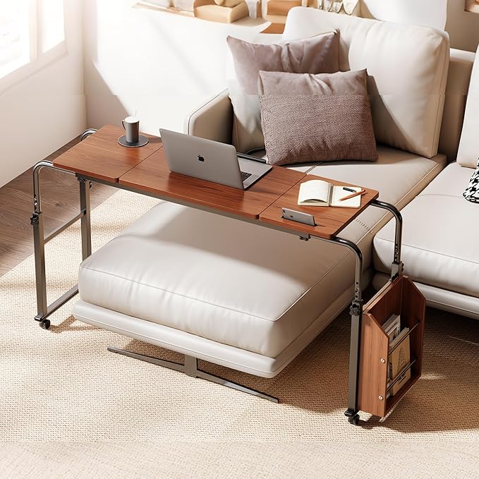 Overbed Table with Wheels, Tilting Overbed Desk Adjustable Height & Length, Queen Over Bed Table with Storage Cabinet, Rolling Laptop Desk for Bedroom, Living Room, Hospital (Brown, 47.24in)