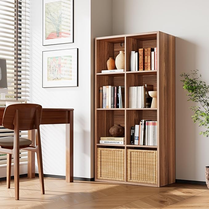 IROCNK Bookshelf, 8-Cube Storage Cube Shelf Organizer, Extra Thick Frame Horizontally & Vertically Reversible Bookcase with Open for Living Room, Bedroom, Home Office, Oak Brown
