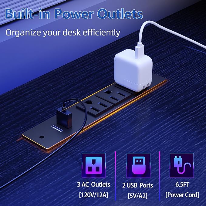Furologee 61" Gaming Desk with Power Outlets & LED Lights, Reversible Computer Desk with File Cabinet & Monitor Stand for Home Office, Large Work Table with Storage Shelves & Drawer, Black