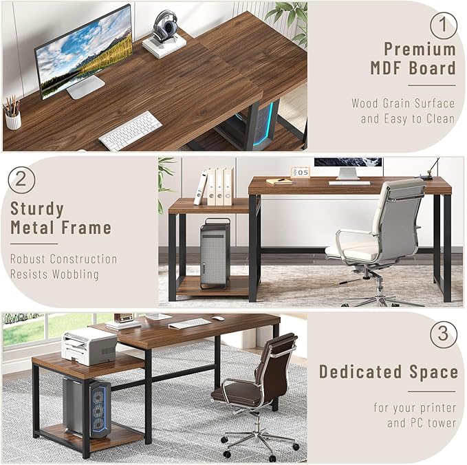 FOLUBAN Large Computer Desk, 63 Inch Home Office Desk with PC Tower Stand & Printer Space, Study Writing Gaming Table Workstation for Bedroom Living Room, Walnut