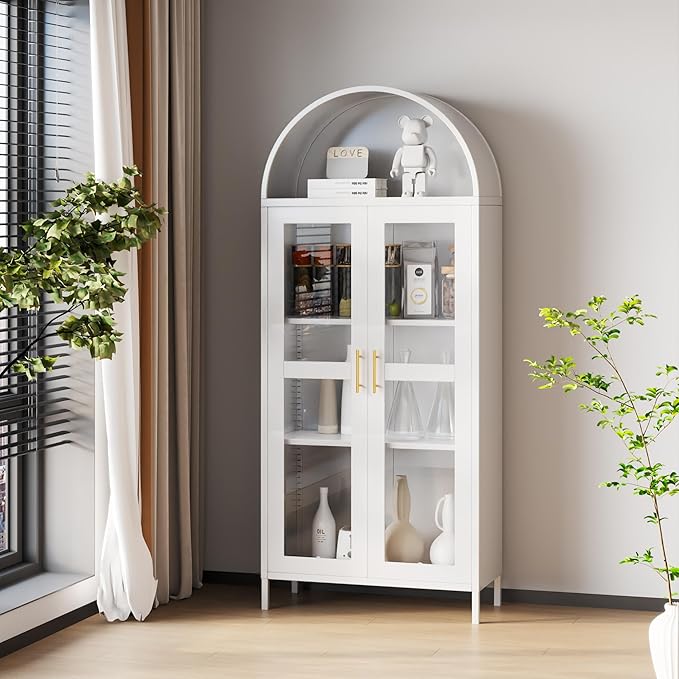 VEXPOR 73" Tall Arched Display Cabinet with Glass Doors, Metal Arched Curio Cabinet with 2 Adjustable Shelves for Living Room, Home Office, Assembly Required, White
