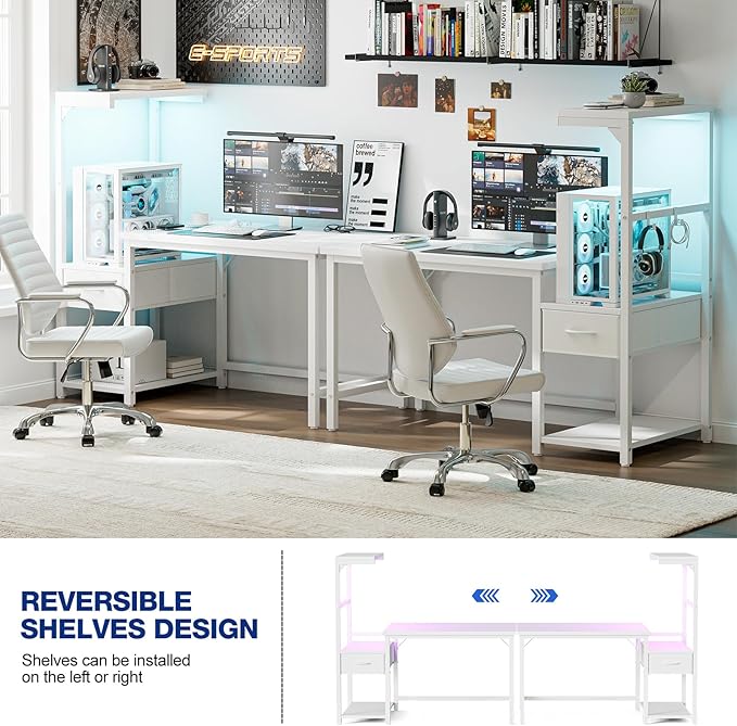 Grandder Gaming Desk 41 Inch with CPU Stand and LED Light, Computer Desk with Reversible Shelves and Storage Drawer, Pc Small Desk for Home Office Table with Bag, White
