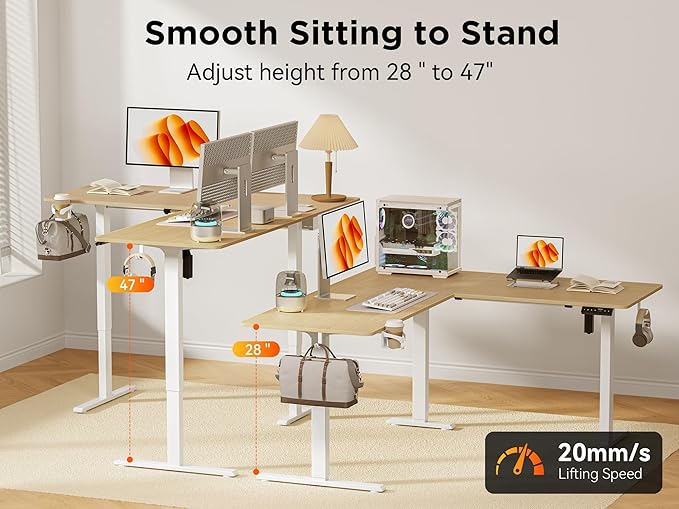 WALKINGDESK 63X55 Inches Reversible L Shaped Standing Desk Height Adjustable with Cup Holder, Electric Corner Computer Desk, Sit Stand up Home Office Desk, Ergonomic Gaming Desk, Oak