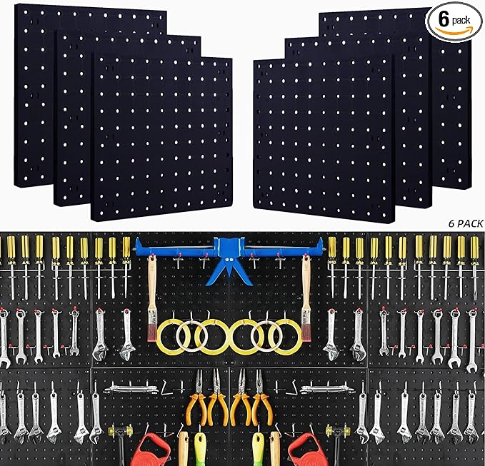 Peg Board Wall Organizer Panels - 6Pcs Black ABS Pegboard Wall Mount for Home, Craft Room, Garage, Kitchen, Workshop, Tool Organization, 10*10in (No Hooks and Bins)