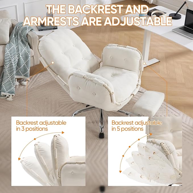 Criss Cross Office Chair with Foot Rest Flip Armrests for Pets and Comfortable Cross Legged Office Chairs for Women Reclining Office Chair Desk Chair Comfy Vanity Chair with Back and Wheels Beige