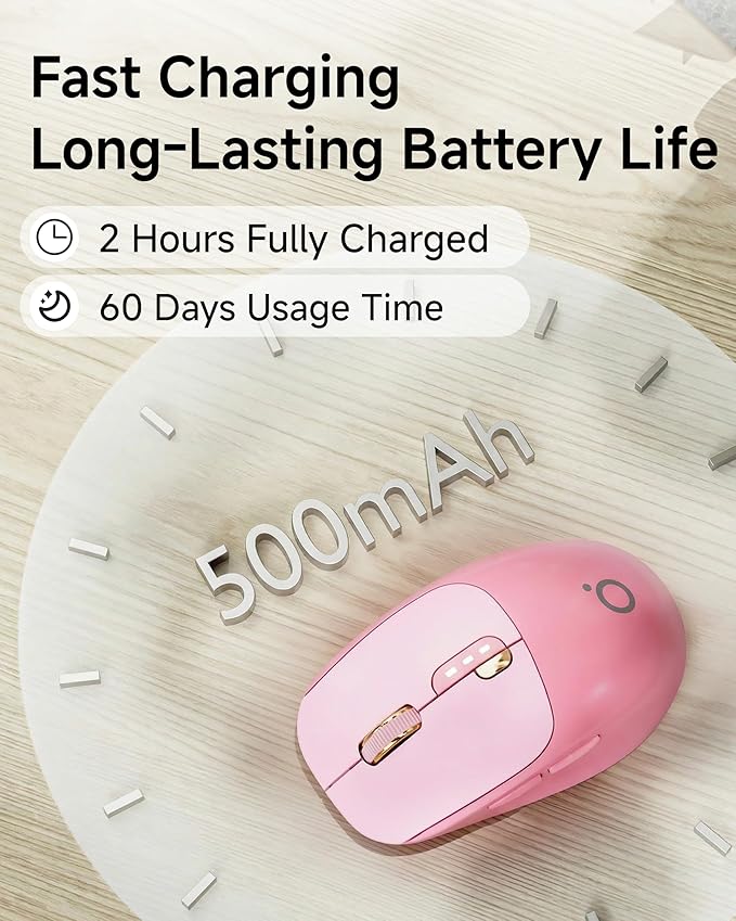 EWEADN Q5 Wireless Mouse, Bluetooth & 2.4G Quiet Computer Mouses with Battery Level Display, 1600 DPI, Ergonomic Office Mouse, 6 Button Portable Cute Computer Mouse for Laptop/PC/Mac - Rose Pink