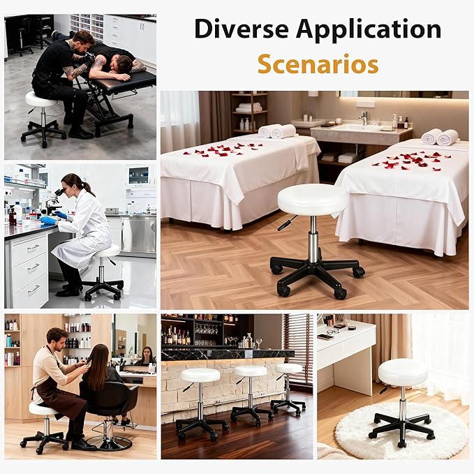 Nova Microdermabrasion Rolling Stool with Wheels Swivel Salon Stool Adjustable Drafting Tattoo Office Chair for Massage Bar Kitchen Spa Shop with Thick Cushion (White)