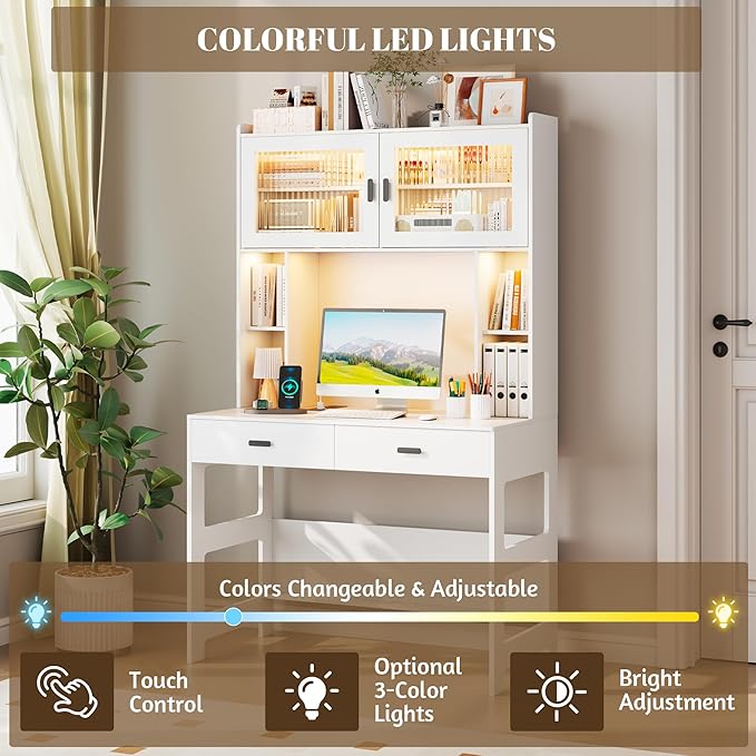 Vlsrka Home Office Desk with Hutch and Drawers, 40" Computer Desk with Storage Shelves and LED Lights, Modern Wooden Writing Study Table with Charging Station for Bedroom, White