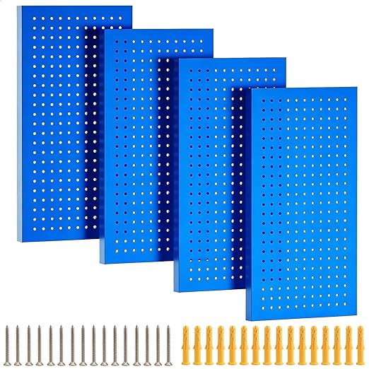Metal Pegboard Panels 4 Pack, 24" x 12" Heavy Duty Rust-Proof Wall Organizer, Sturdy Steel Storage Board for Garage, Workshop & Craft Room, Blue