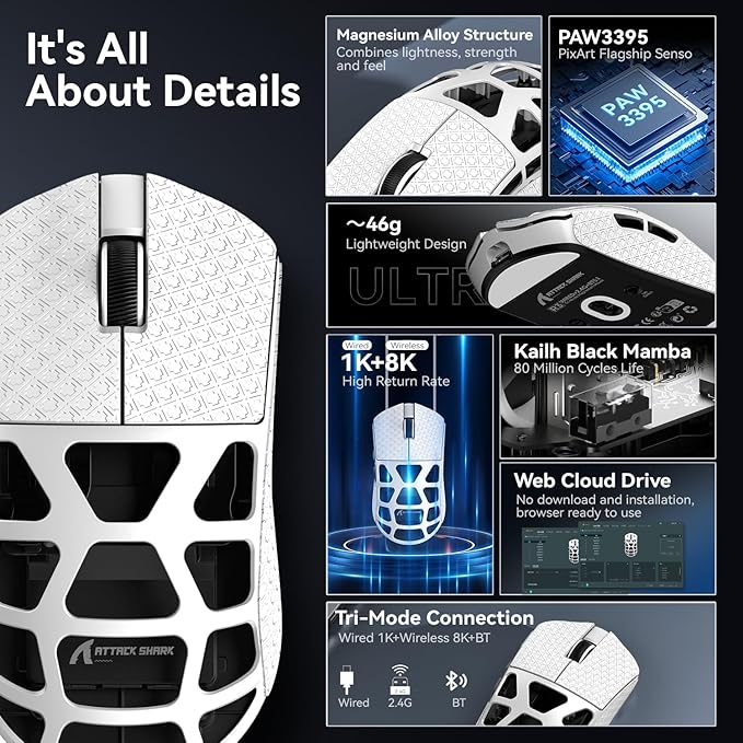 ATTACK SHARK R3 46g Superlight Magnesium Alloy Wireless Gaming Mouse, BT/2.4G/Wired Computer Mouse, 8KHz Polling Rate, PAW3395 26K DPI Sensor Programmable Mice Griptape for PC/Laptop/Mac (White)