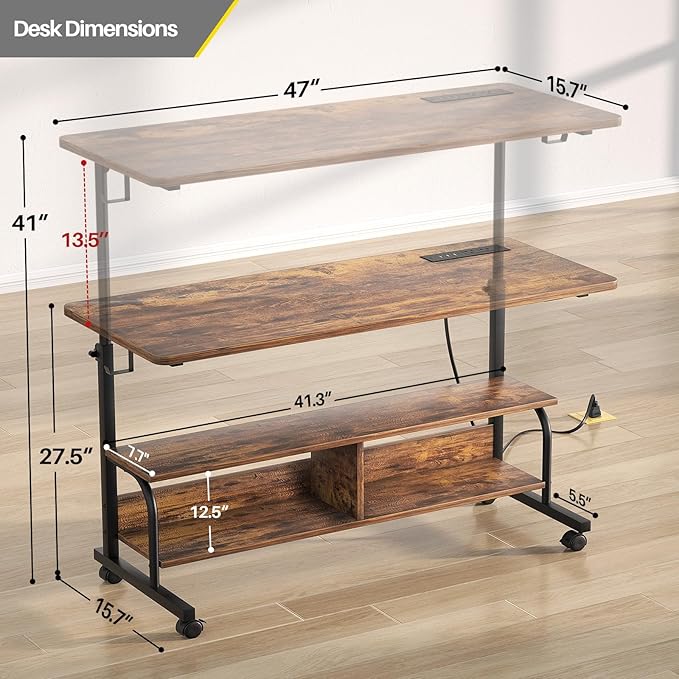 Armocity Rolling Standing Desk with Power Outlets, 47" Manual Height Adjustable Mobile Computer Desk with Wheels, Portable Sit Stand Laptop Couch Table for Bed & Sofa Home Office, Rustic Brown